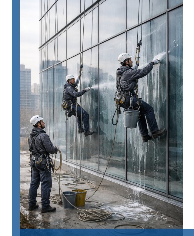 Промышленная мойка панорамных окон на высоте в Качканаре