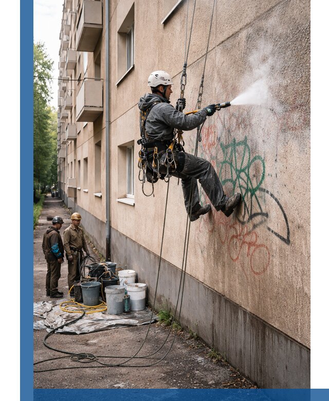 Удаление граффити с фасада в Качканаре без следов и повреждений