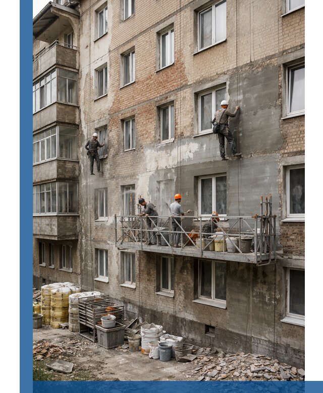 Капитальный ремонт фасада в Качканаре с восстановлением и гидроизоляцией