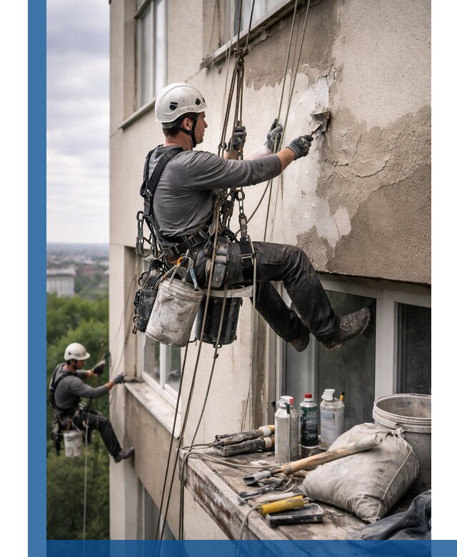 Косметический ремонт фасада зданий в Качканаре промышленными альпинистами