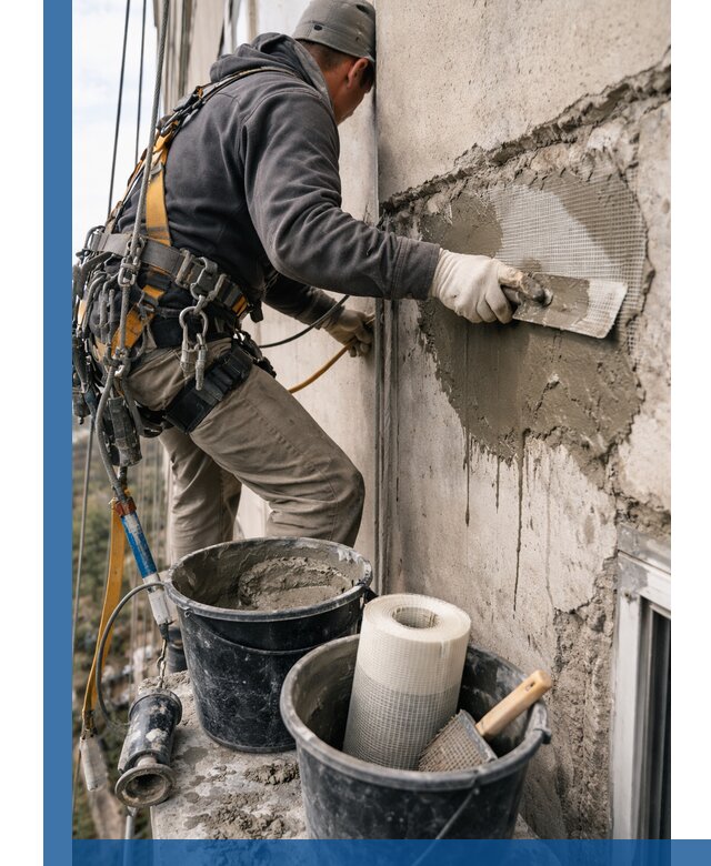 Ремонт бетонных элементов фасада промышленными альпинистами в Качканаре