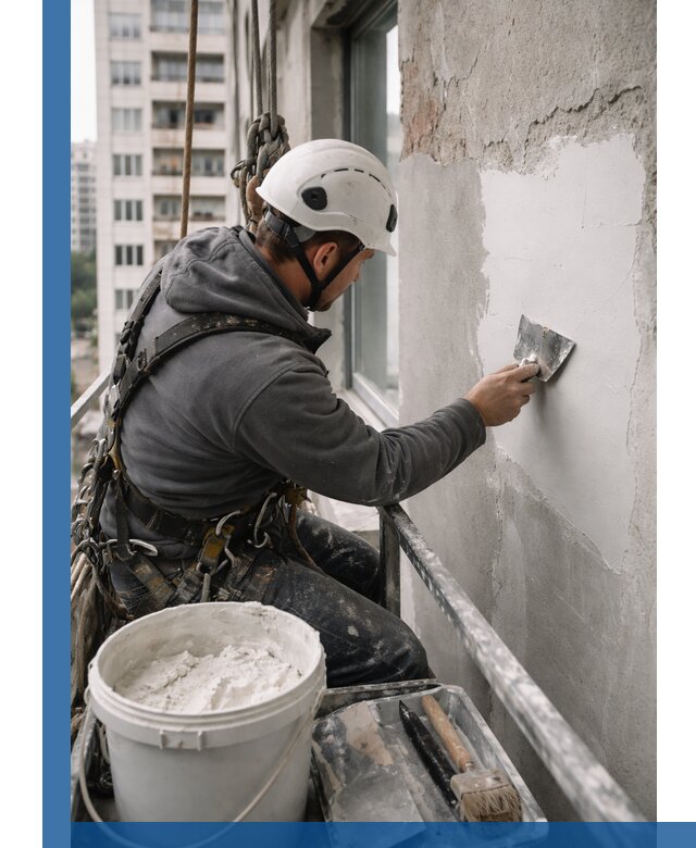 Шпаклевка фасадов на высоте с промальпинистами в Качканаре