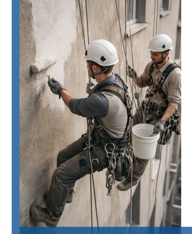 Грунтовка фасада на высоте в Качканаре промышленными альпинистами