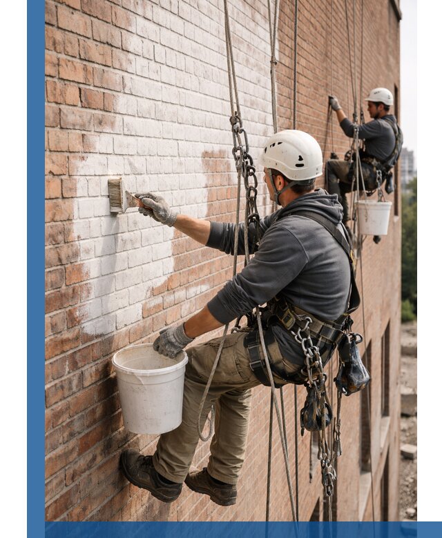 Покраска кирпичного фасада с доступным альпинистским сервисом в Качканаре