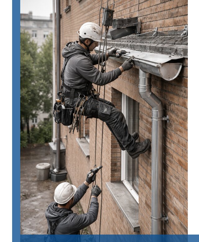 Монтаж водосточной системы на здании в Качканаре под ключ