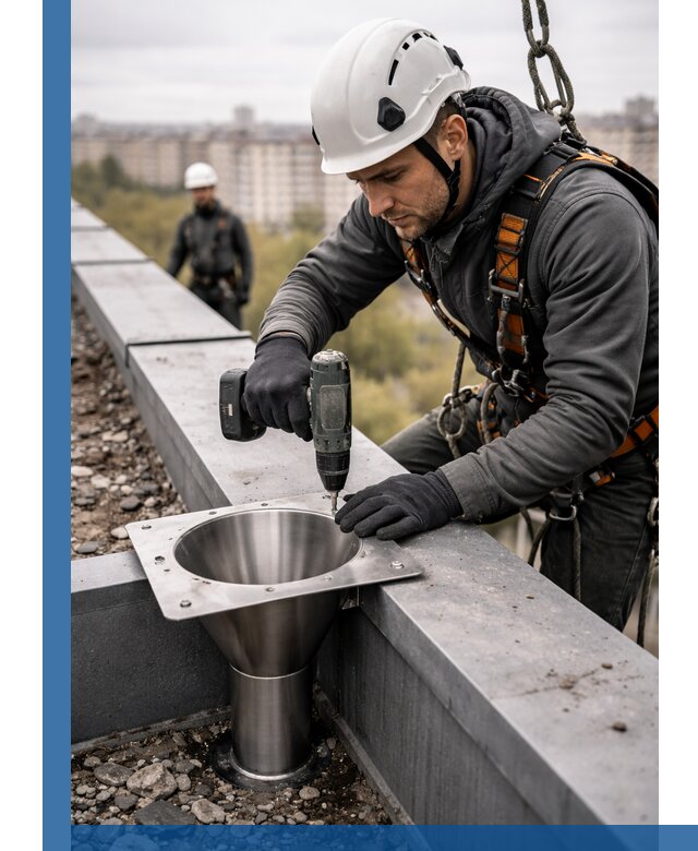 Монтаж водосточных воронок в Качканаре для промышленных зданий