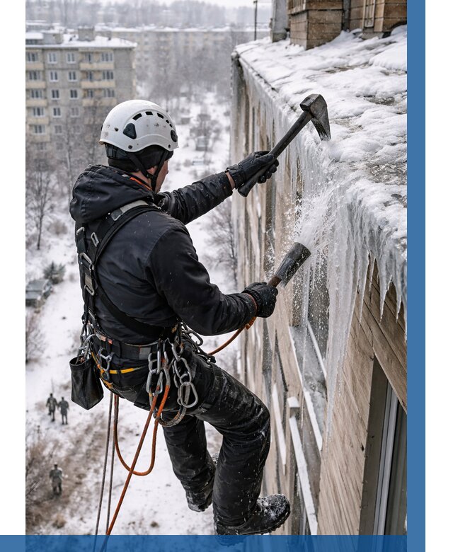 Сбивание сосулек с крыши в Качканаре по цене от 4614 р. | ВЫСОТНИК-Кчк