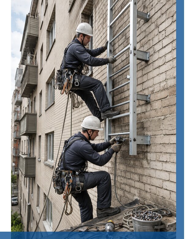 Монтаж пожарной лестницы в Качканаре от 25633 р заказать у ВЫСОТНИК-Кчк