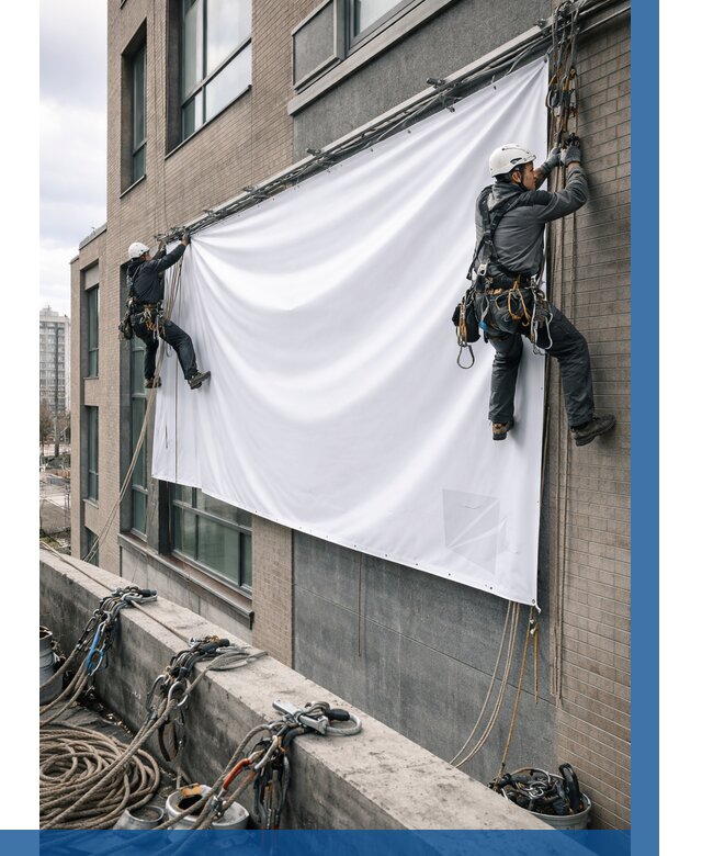 Монтаж баннеров на фасаде в Качканаре от 666 р. заказать ВЫСОТНИК-Кчк