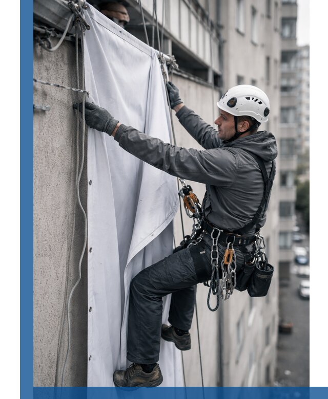 Замена баннерного полотна промышленными альпинистами в Качканаре