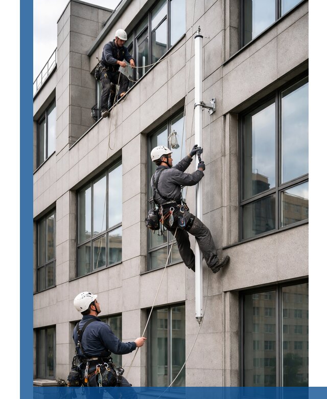 Монтаж флагштока на фасаде здания с креплением и герметикой в Качканаре