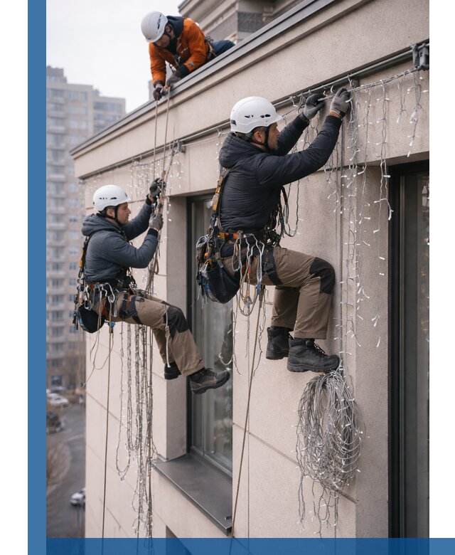 Монтаж праздничных гирлянд на фасаде в Качканаре для зданий