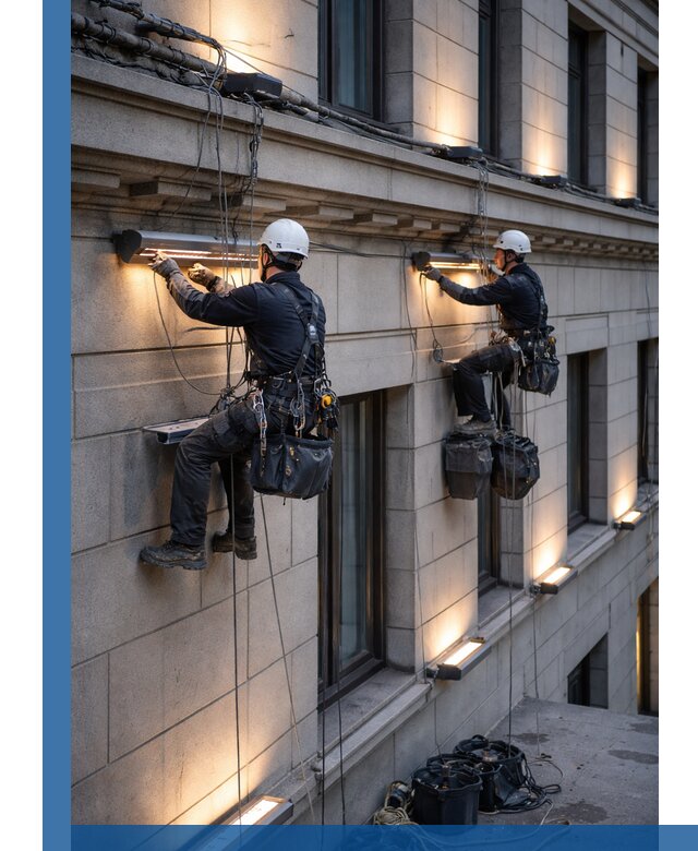 Монтаж архитектурной подсветки фасадов зданий в Качканаре