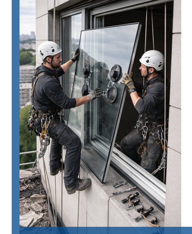 Замена стеклопакетов на высоте с промышленными альпинистами в Качканаре