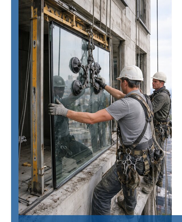 Монтаж стеклопакетов на высоте в Качканаре с промышленным альпинизмом