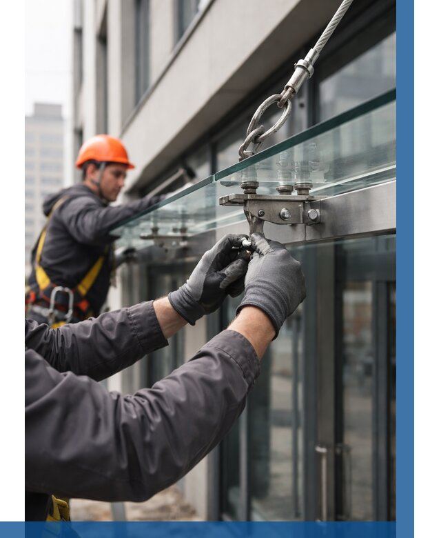 Монтаж стеклянных козырьков в Качканаре от 8715 р. | ВЫСОТНИК-Кчк