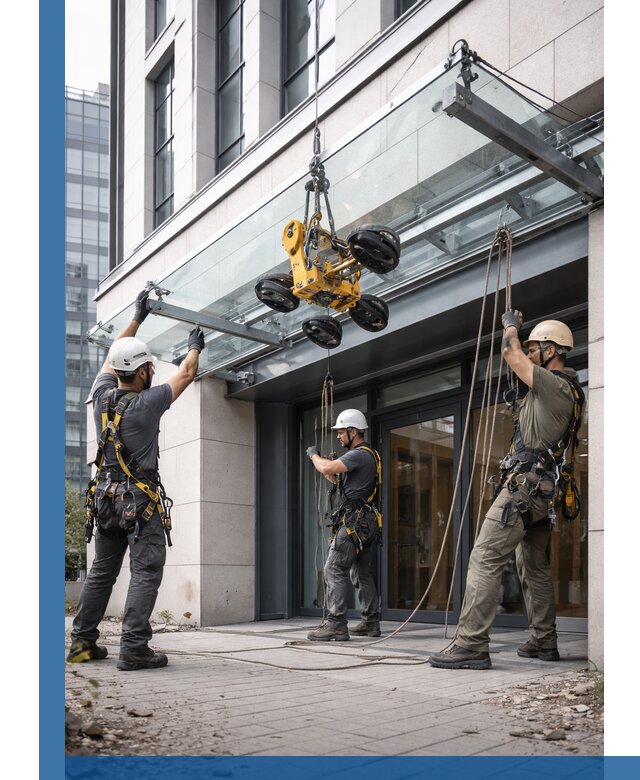 Монтаж стеклянных козырьков под ключ в Качканаре для зданий