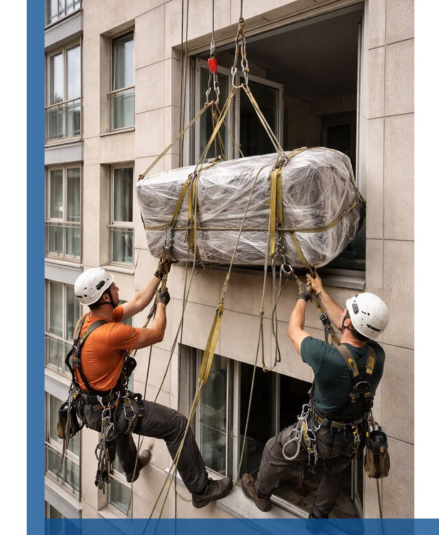 Подъем грузов через окно в Качканаре промышленными альпинистами