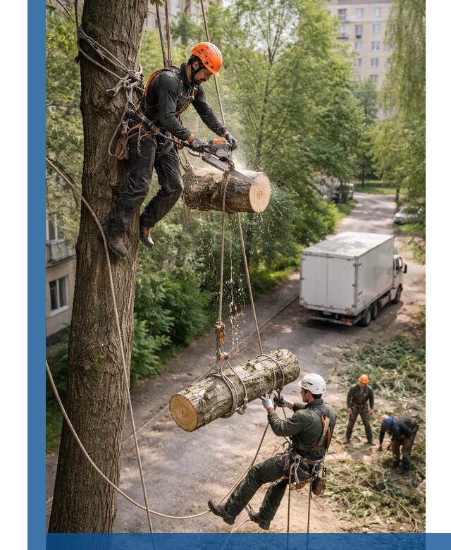 Спил деревьев альпинистами в Качканаре, безопасно и без повреждений